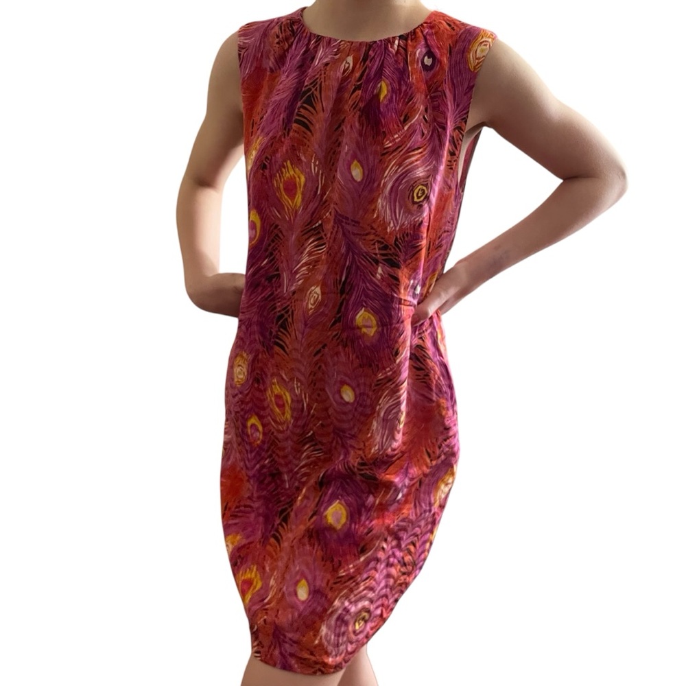 LAST CALL Tory Burch Zorra Feather Peacock Silk Shift Dress Women’s Size 6